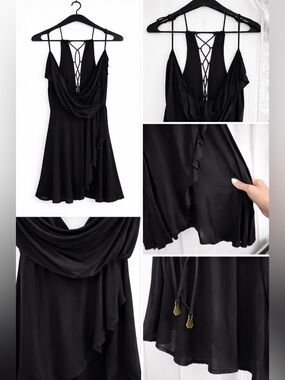 Black Lace-Up Back Flowy Mini Dress Draped Front Size Med Orig$58